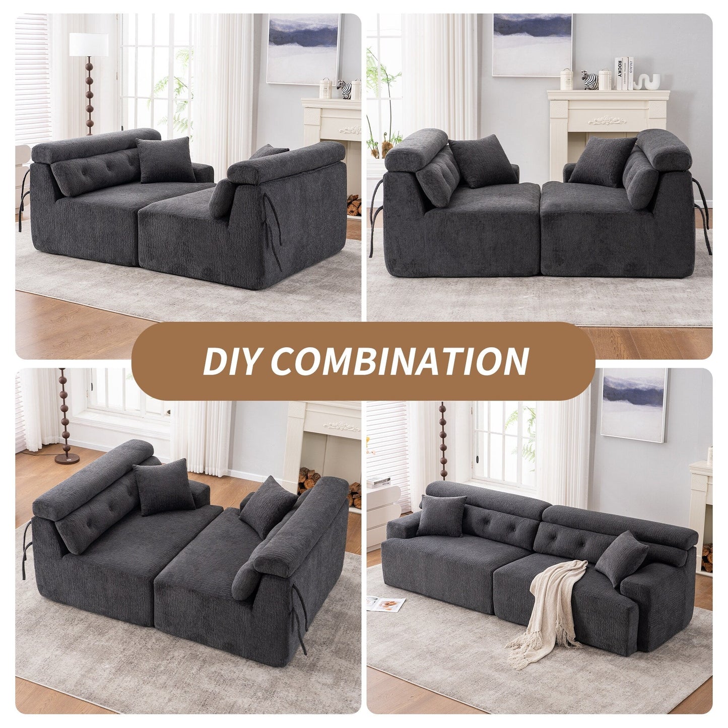 Canapé modulaire 4 places en chenille grain de bois moderne avec 2 oreillers pour salon et appartement