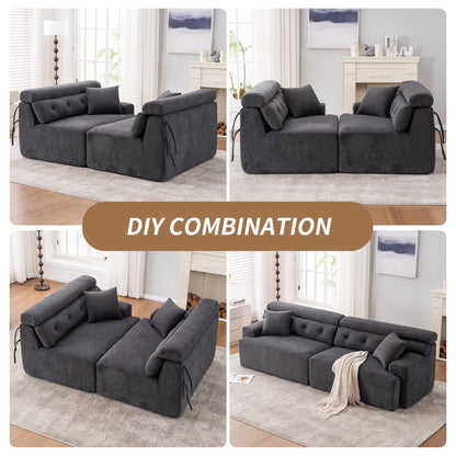 Canapé modulaire 4 places en chenille grain de bois moderne avec 2 oreillers pour salon et appartement