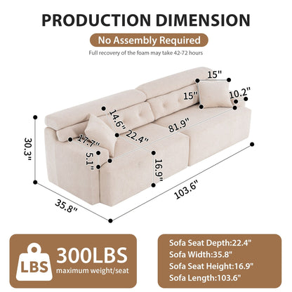 Canapé modulaire 4 places en chenille grain de bois moderne avec 2 oreillers pour salon et appartement