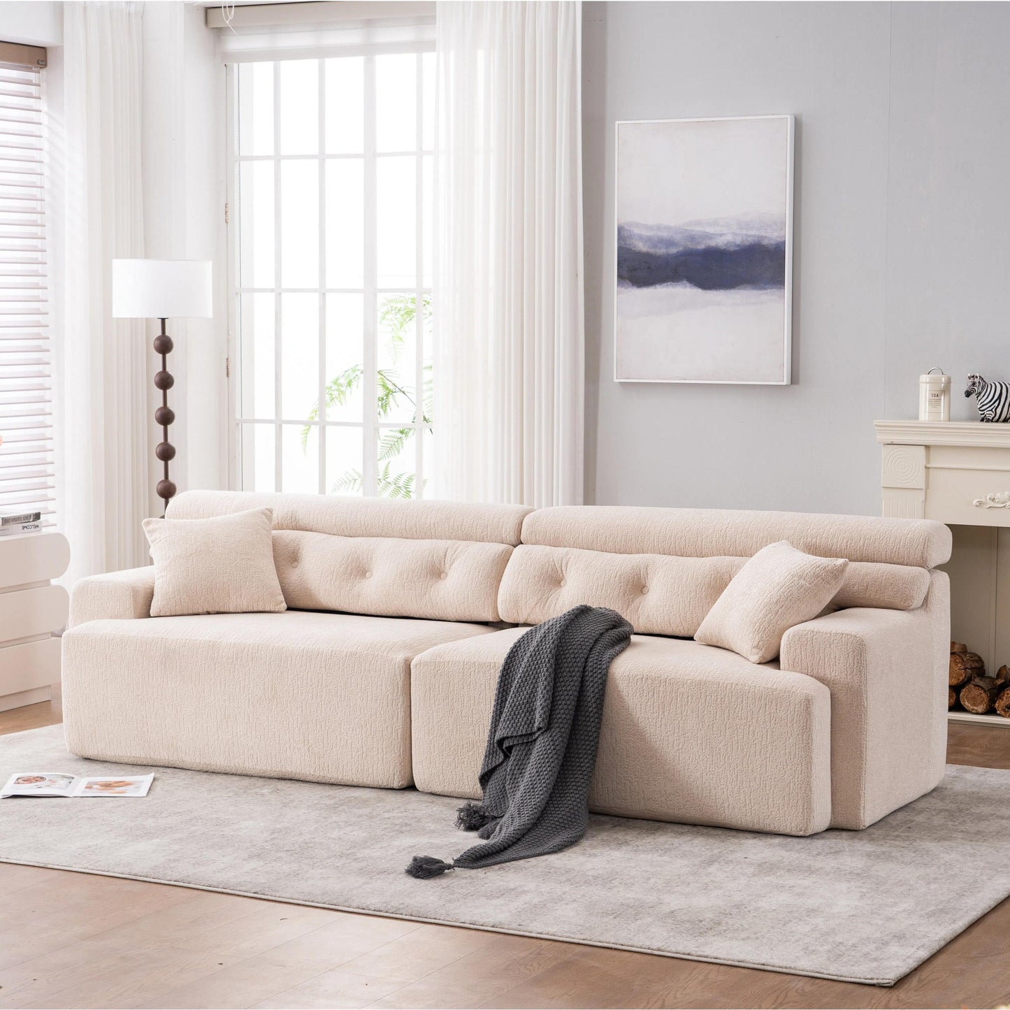 Canapé modulaire 4 places en chenille grain de bois moderne avec 2 oreillers pour salon et appartement
