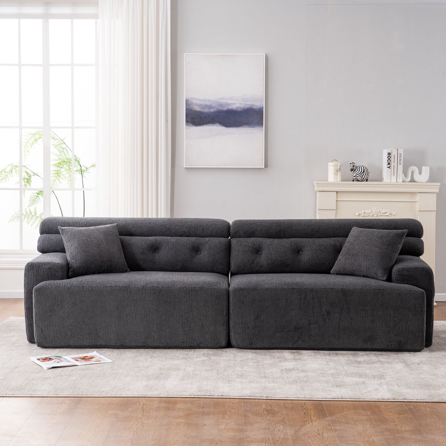Canapé modulaire 4 places en chenille grain de bois moderne avec 2 oreillers pour salon et appartement