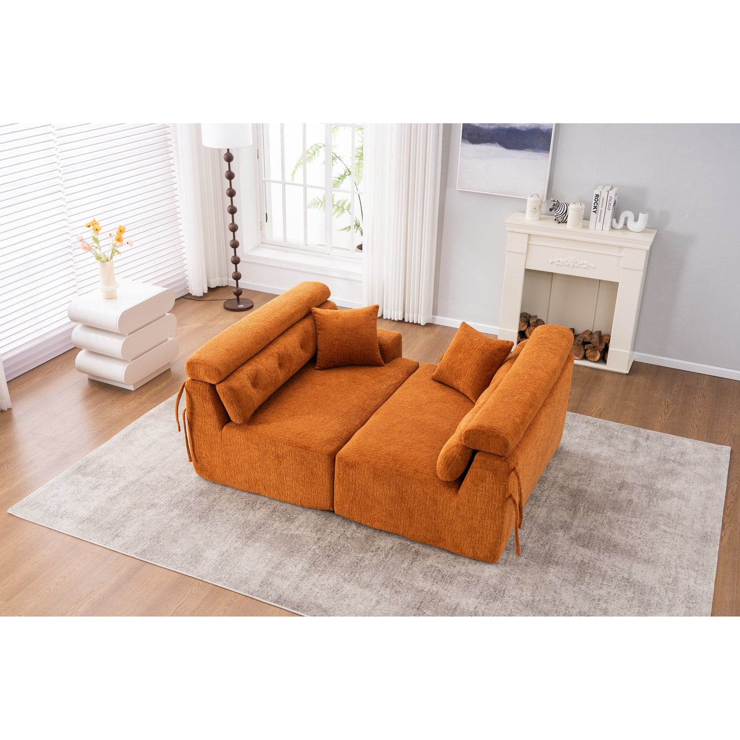 Canapé modulaire 4 places en chenille grain de bois moderne avec 2 oreillers pour salon et appartement