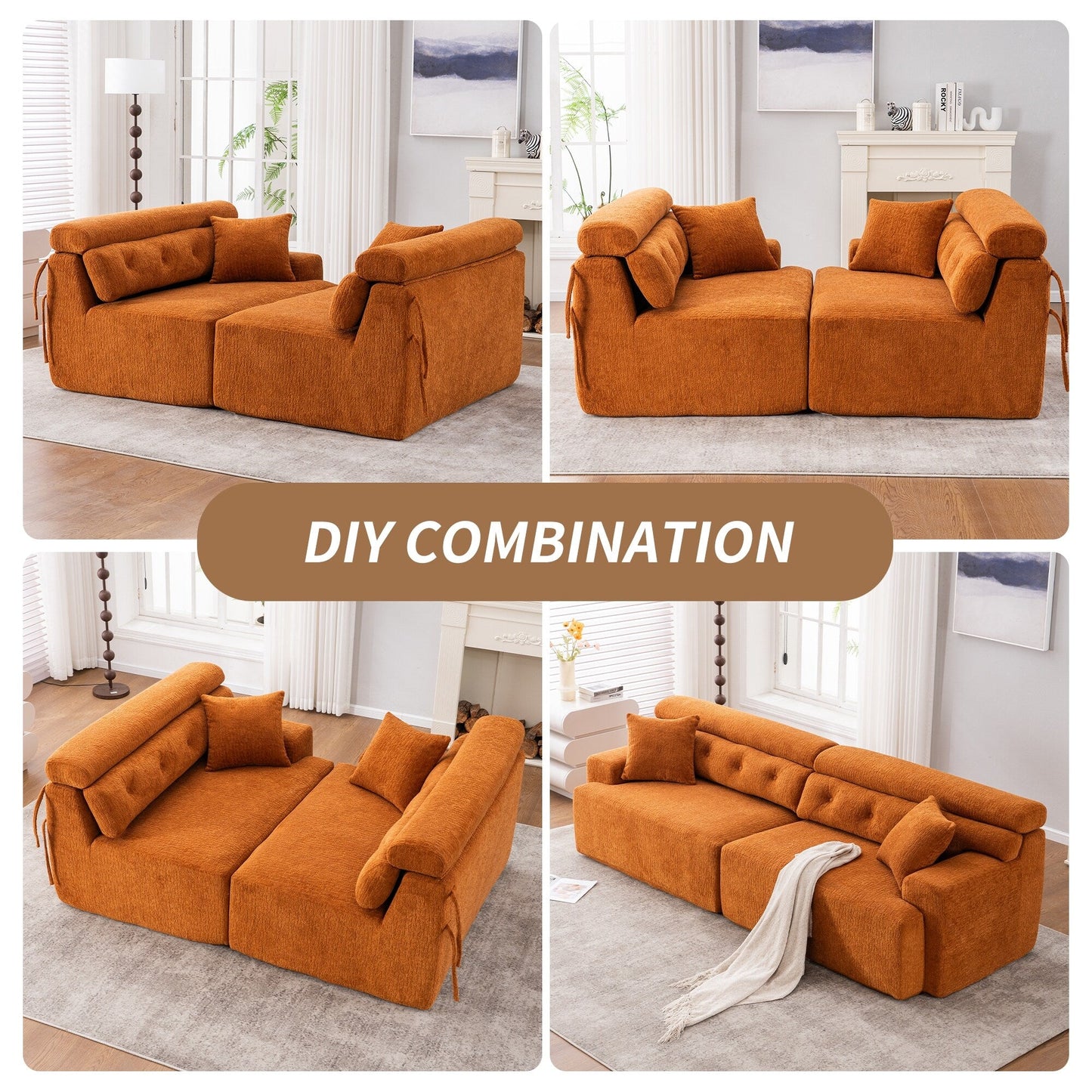 Canapé modulaire 4 places en chenille grain de bois moderne avec 2 oreillers pour salon et appartement