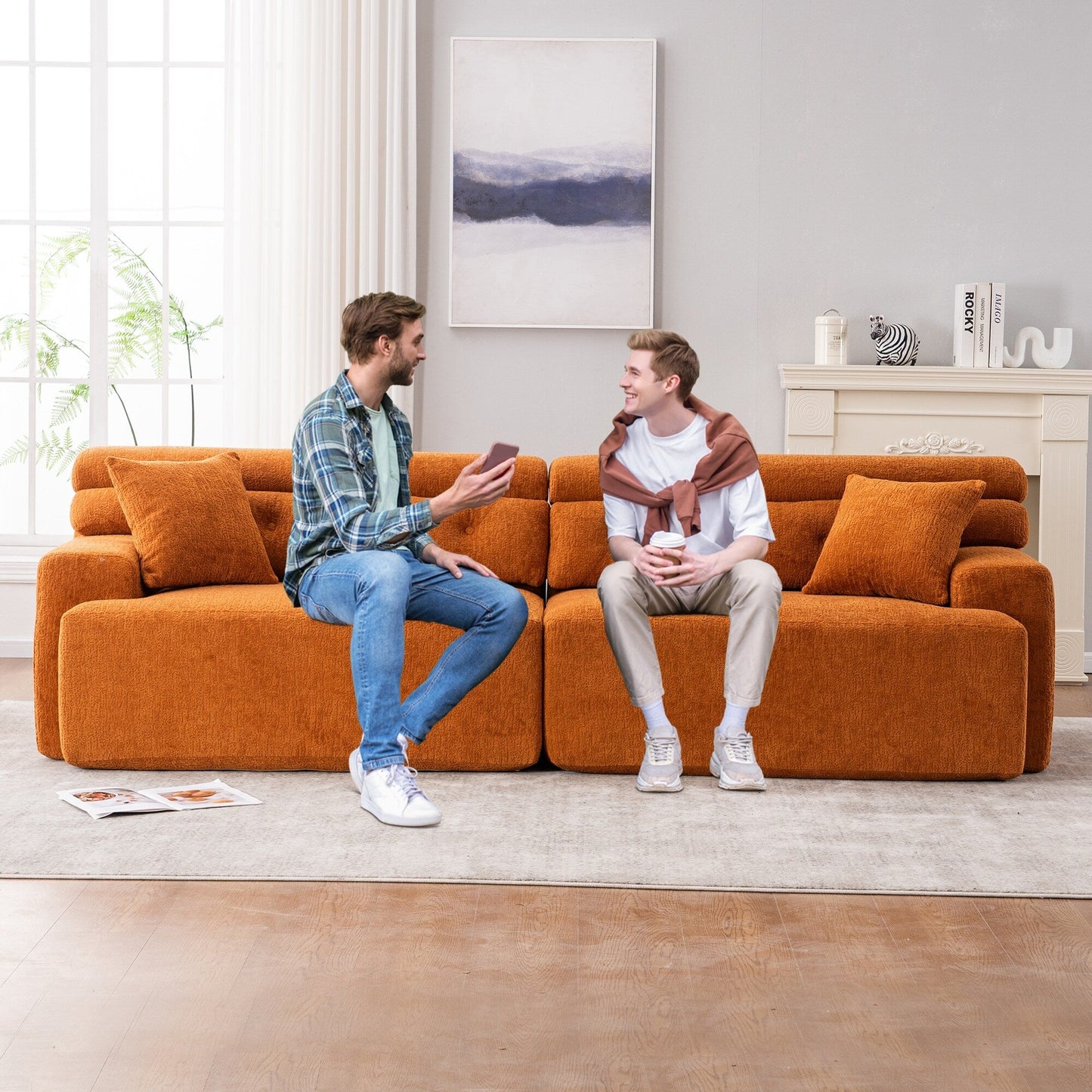 Canapé modulaire 4 places en chenille grain de bois moderne avec 2 oreillers pour salon et appartement