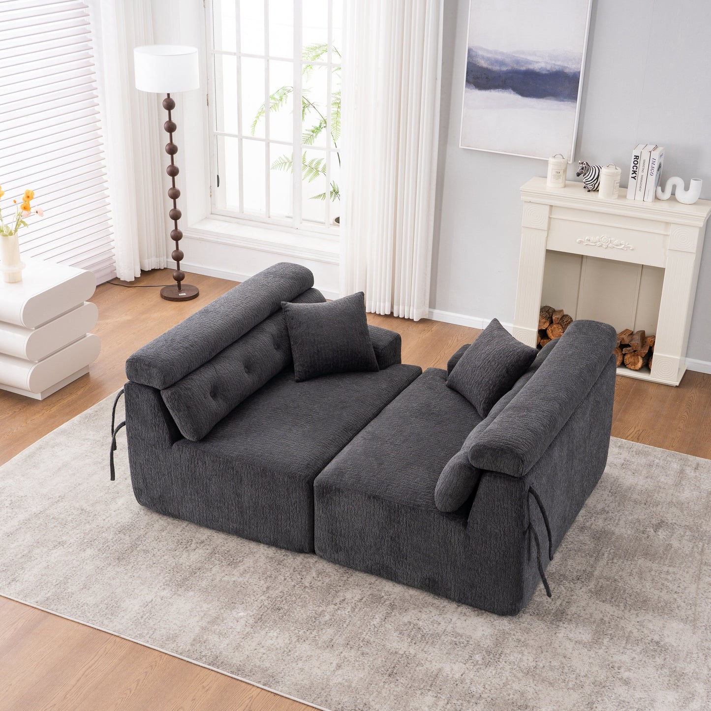 Canapé modulaire 4 places en chenille grain de bois moderne avec 2 oreillers pour salon et appartement