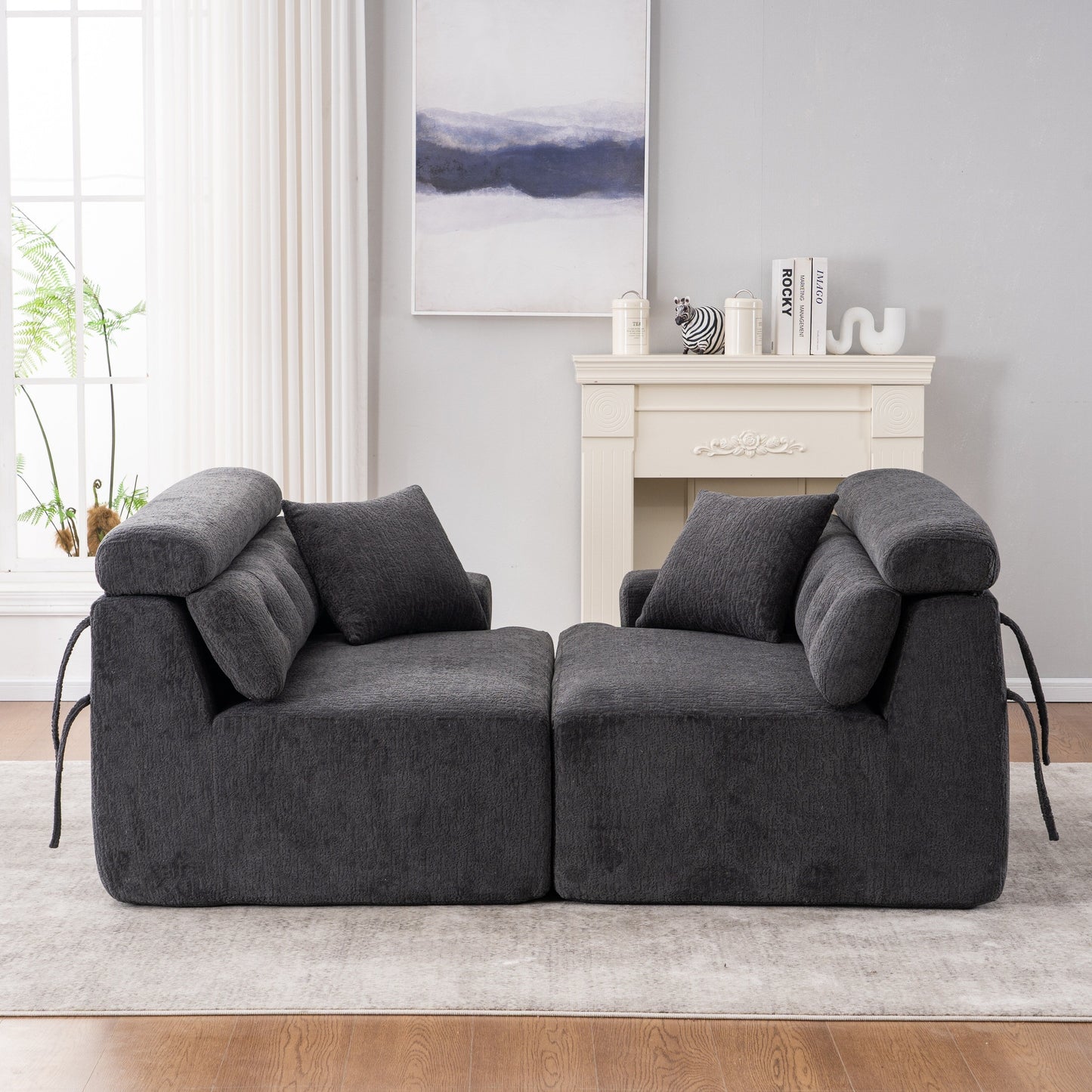 Canapé modulaire 4 places en chenille grain de bois moderne avec 2 oreillers pour salon et appartement