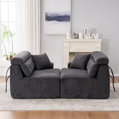 Canapé modulaire 4 places en chenille grain de bois moderne avec 2 oreillers pour salon et appartement