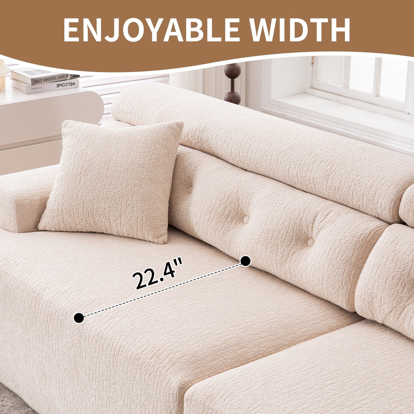Canapé modulaire 4 places en chenille grain de bois moderne avec 2 oreillers pour salon et appartement