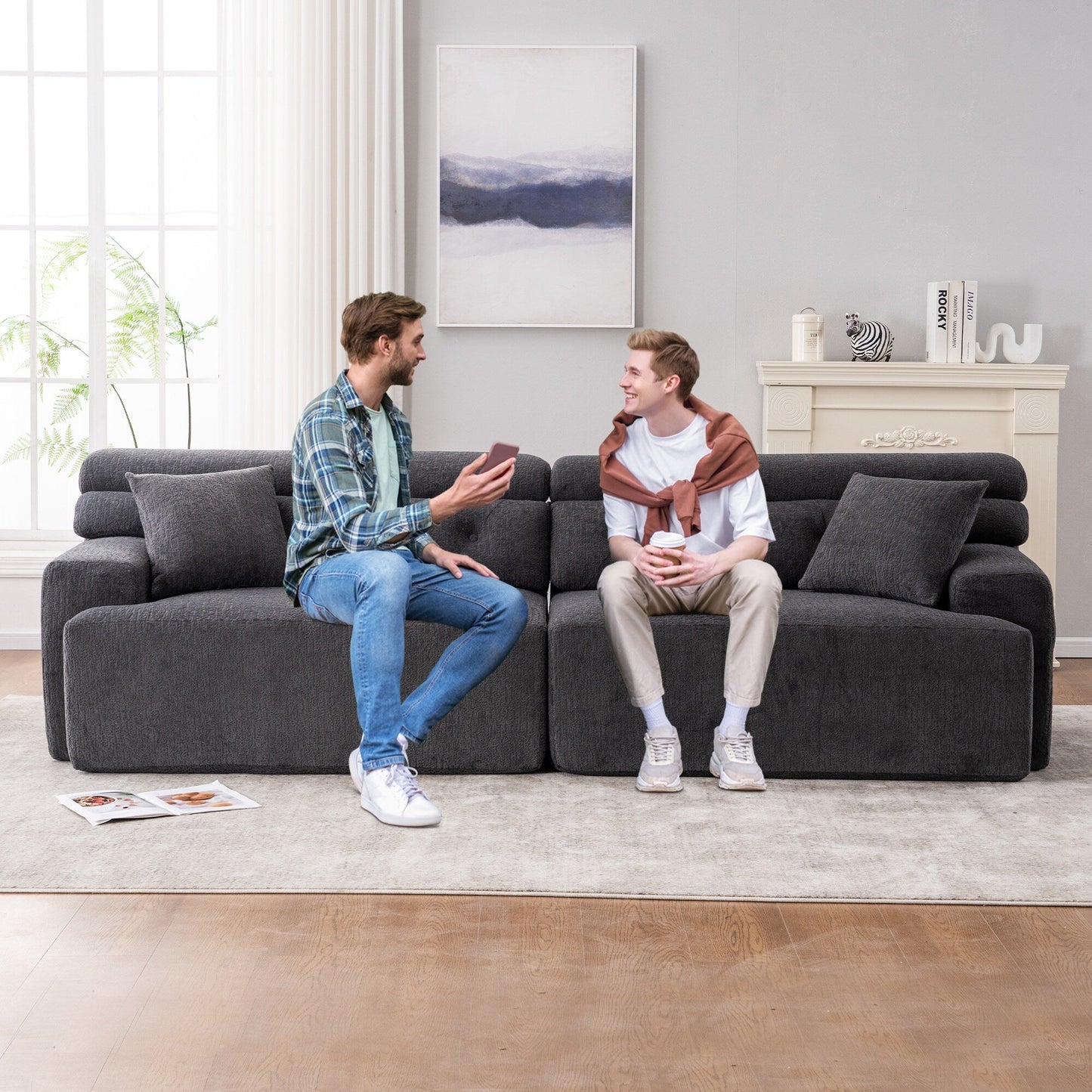 Canapé modulaire 4 places en chenille grain de bois moderne avec 2 oreillers pour salon et appartement