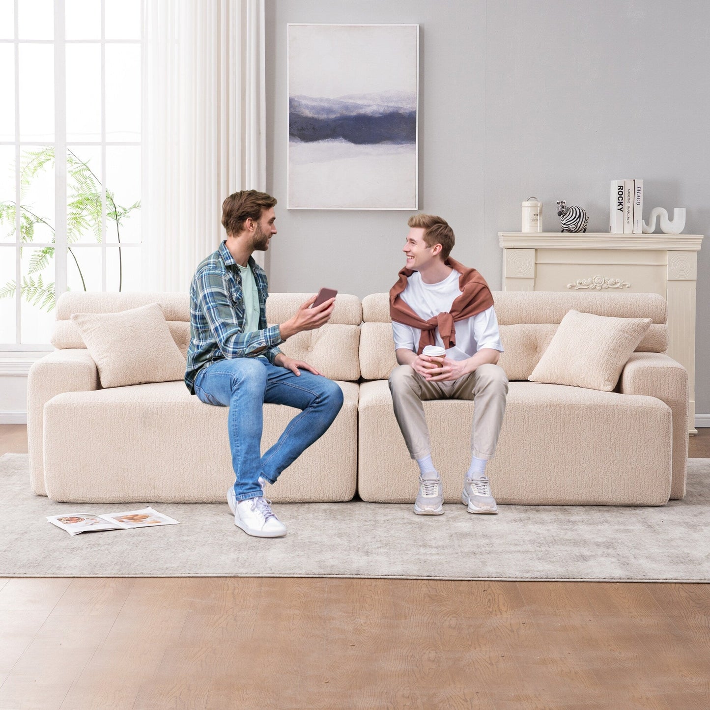 Canapé modulaire 4 places en chenille grain de bois moderne avec 2 oreillers pour salon et appartement