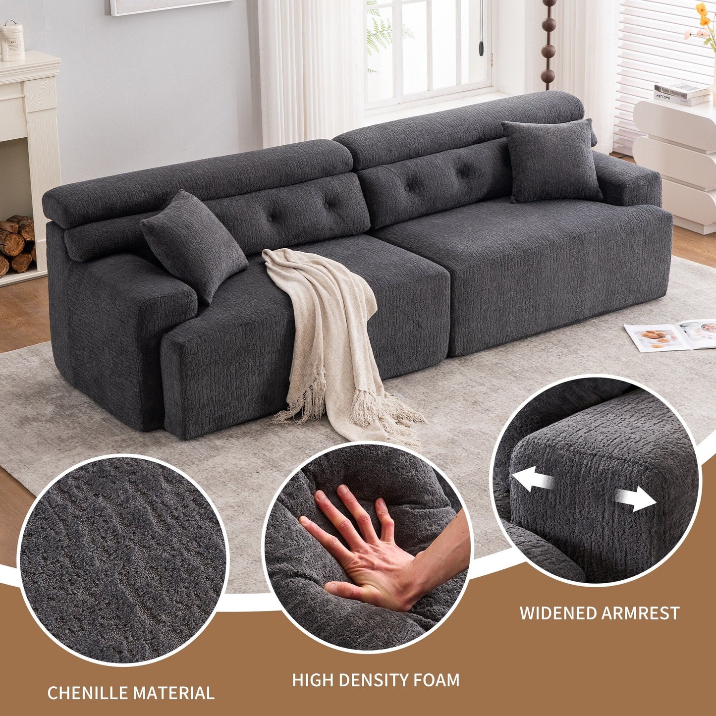 Canapé modulaire 4 places en chenille grain de bois moderne avec 2 oreillers pour salon et appartement