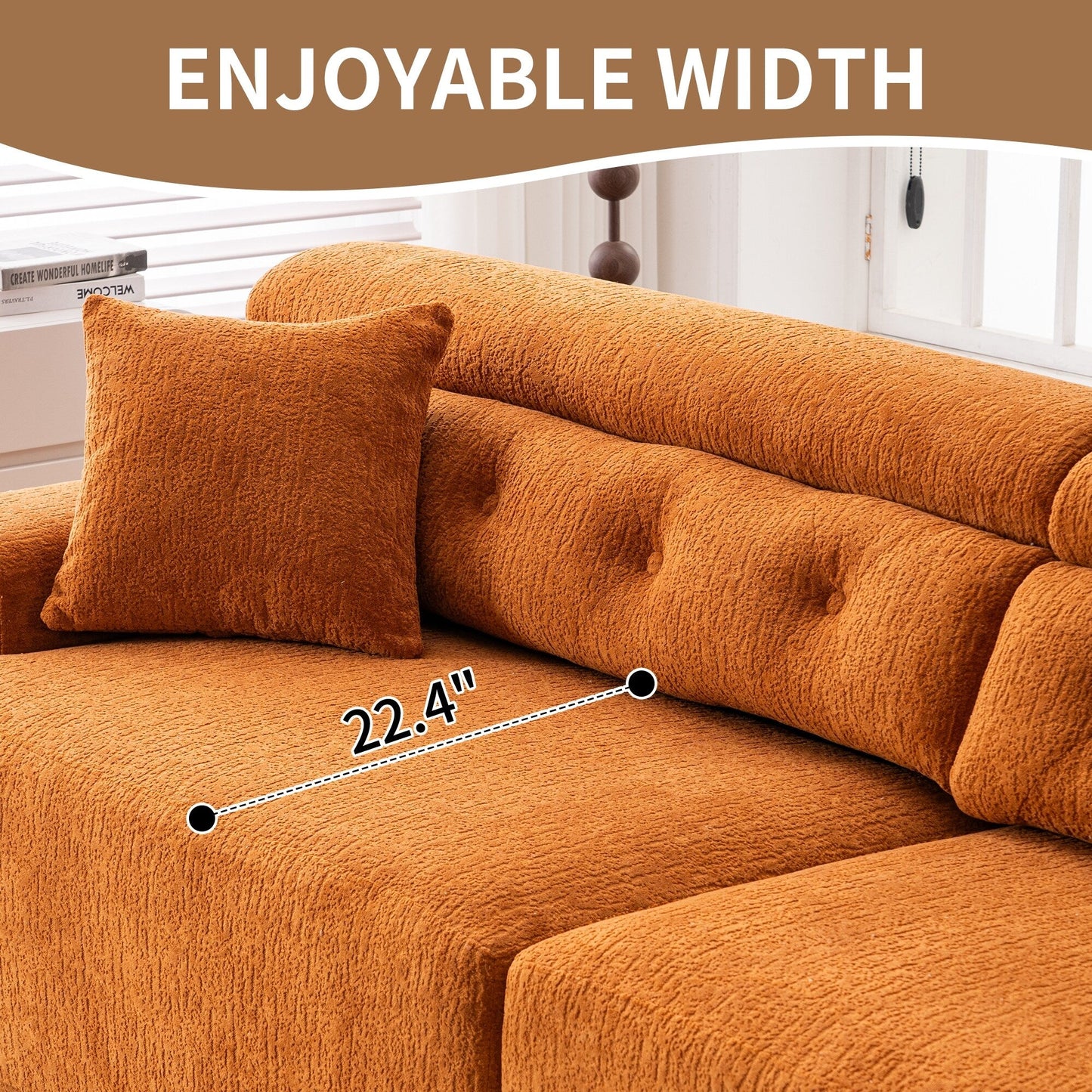 Canapé modulaire 4 places en chenille grain de bois moderne avec 2 oreillers pour salon et appartement