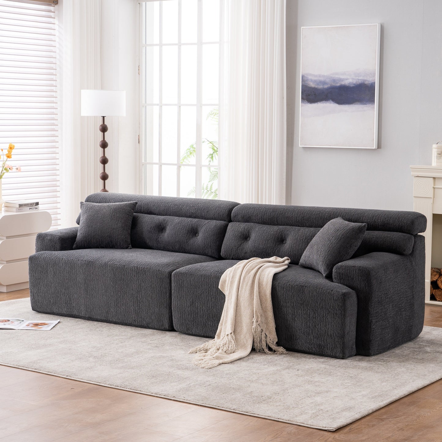 Canapé modulaire 4 places en chenille grain de bois moderne avec 2 oreillers pour salon et appartement