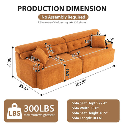 Canapé modulaire 4 places en chenille grain de bois moderne avec 2 oreillers pour salon et appartement