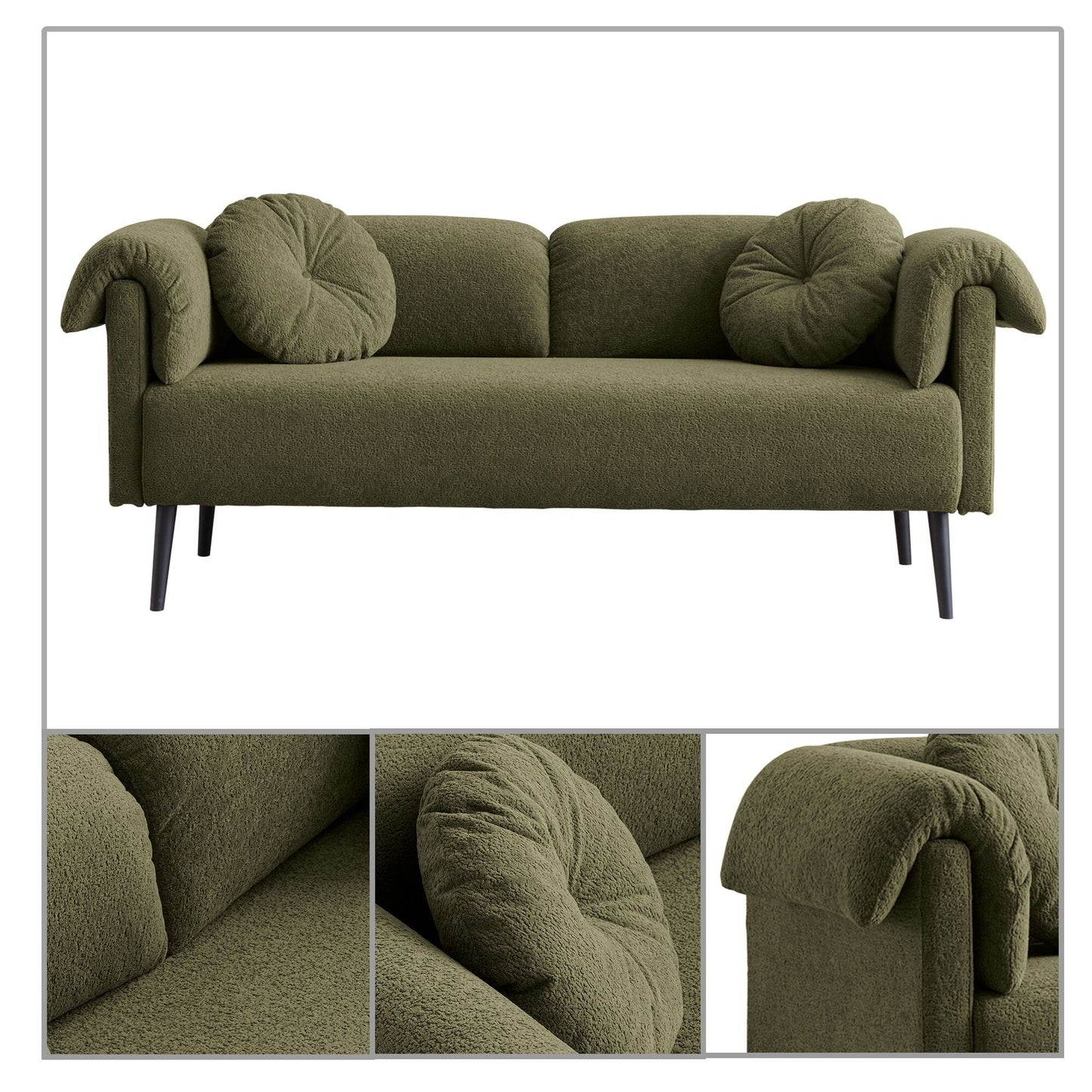 Canapé minimaliste moderne avec coussins et accoudoirs rembourrés, pieds en métal