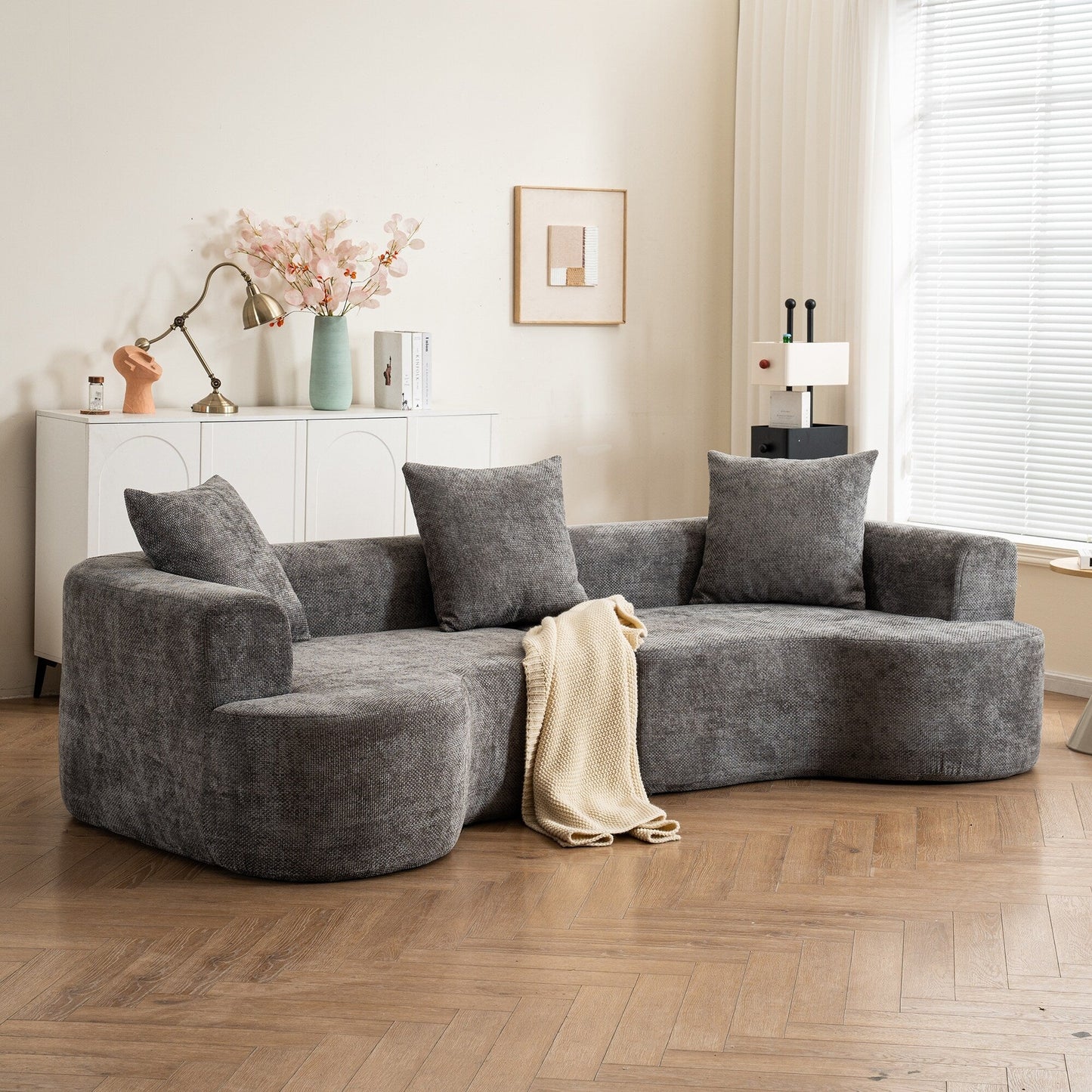 Canapé incurvé de style moderne, canapé en velours côtelé moelleux avec 3 oreillers, canapé en tissu incurvé super lisse pour salon Gris