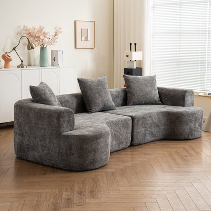 Canapé incurvé de style moderne, canapé en velours côtelé moelleux avec 3 oreillers, canapé en tissu incurvé super lisse pour salon Gris