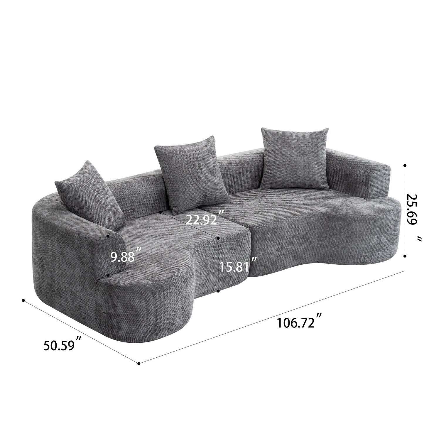 Canapé incurvé de style moderne, canapé en velours côtelé moelleux avec 3 oreillers, canapé en tissu incurvé super lisse pour salon Gris