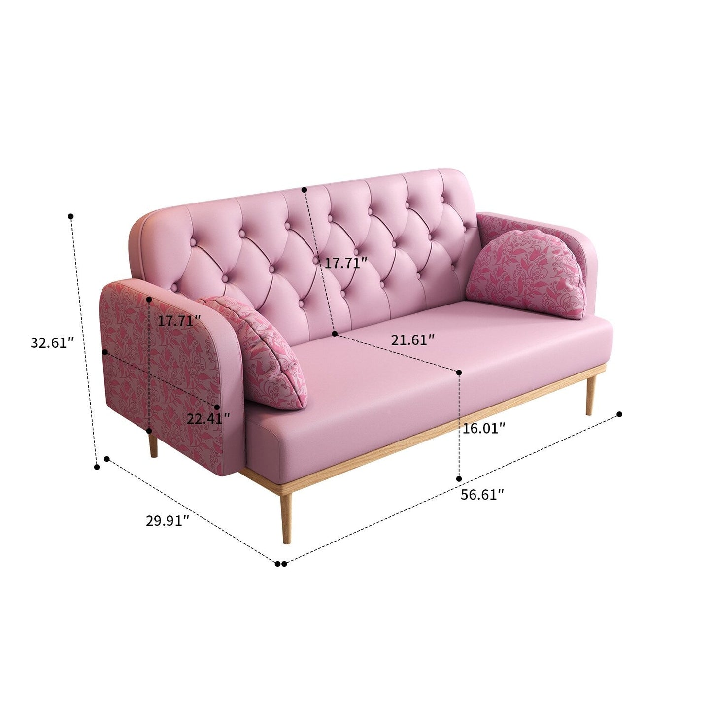 Canapé deux places de style moderne avec pieds en bois et coussins en forme de boulette, accoudoirs à motifs