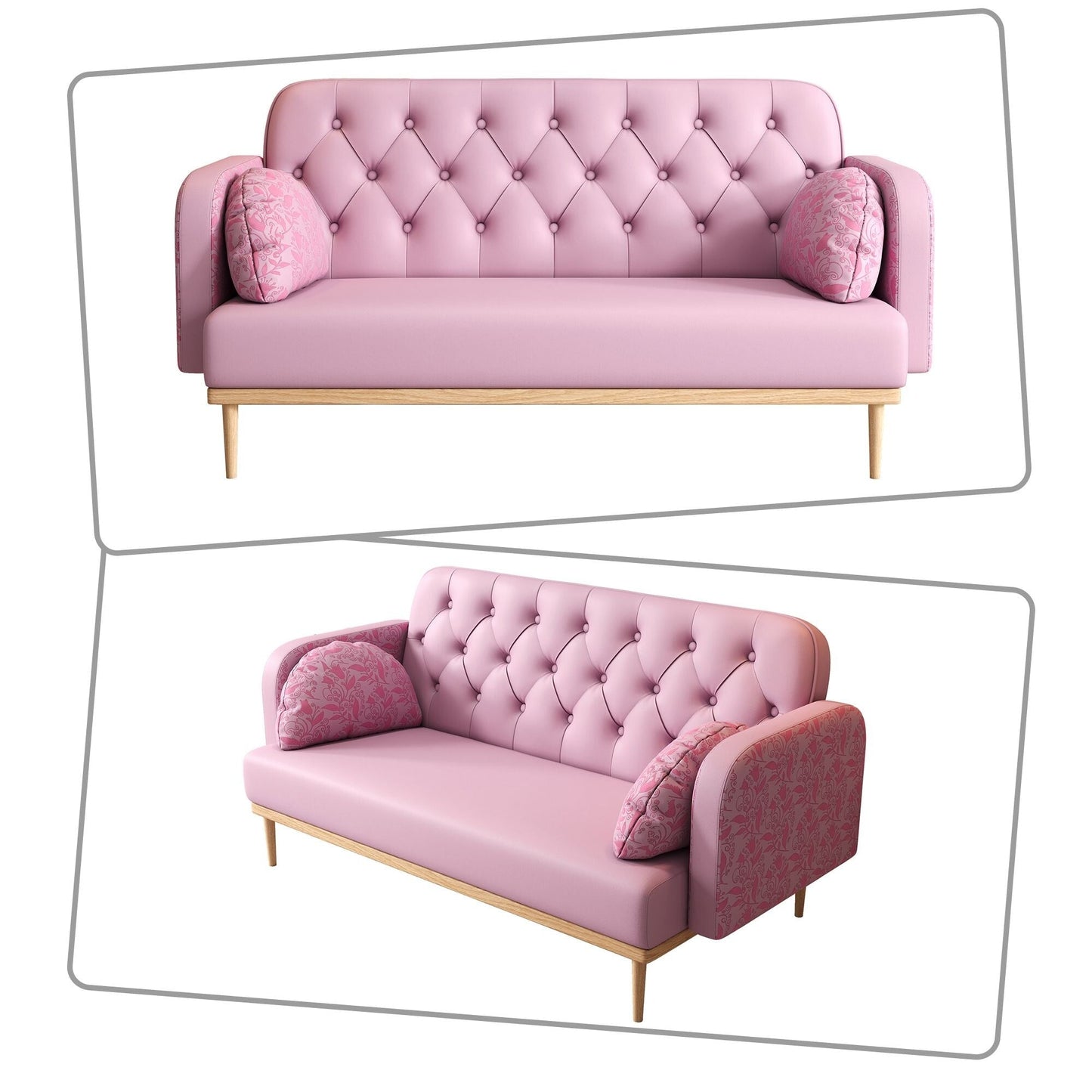 Canapé deux places de style moderne avec pieds en bois et coussins en forme de boulette, accoudoirs à motifs