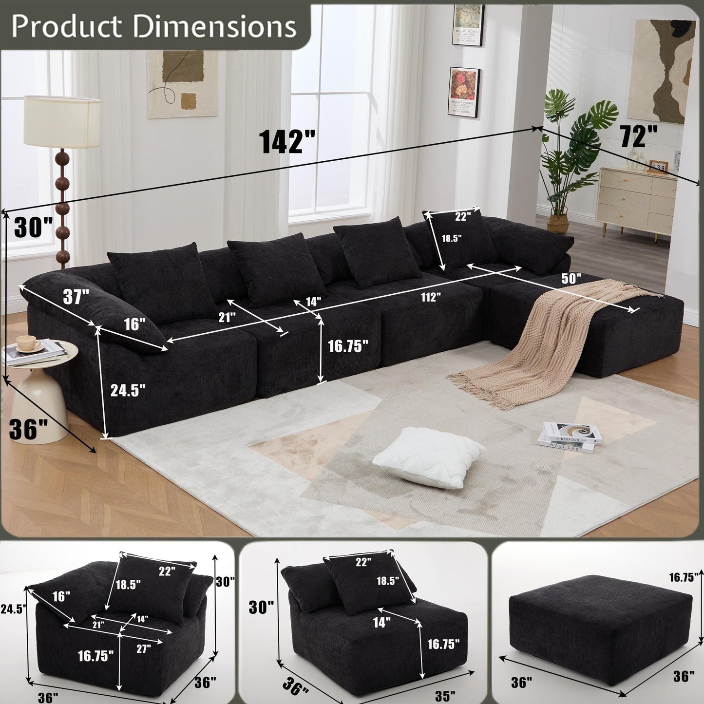 Canapé-lit convertible modulaire 5 pièces avec pouf et oreillers pour le salon