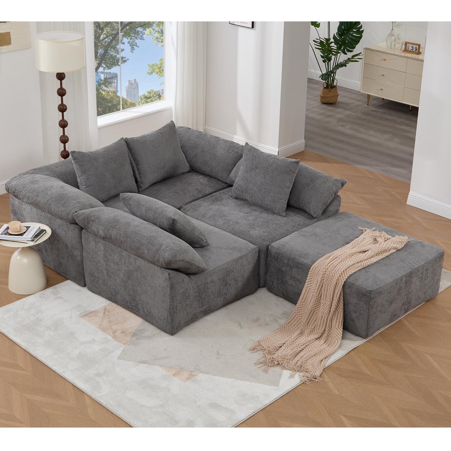 Canapé-lit convertible modulaire 5 pièces avec pouf et oreillers pour le salon