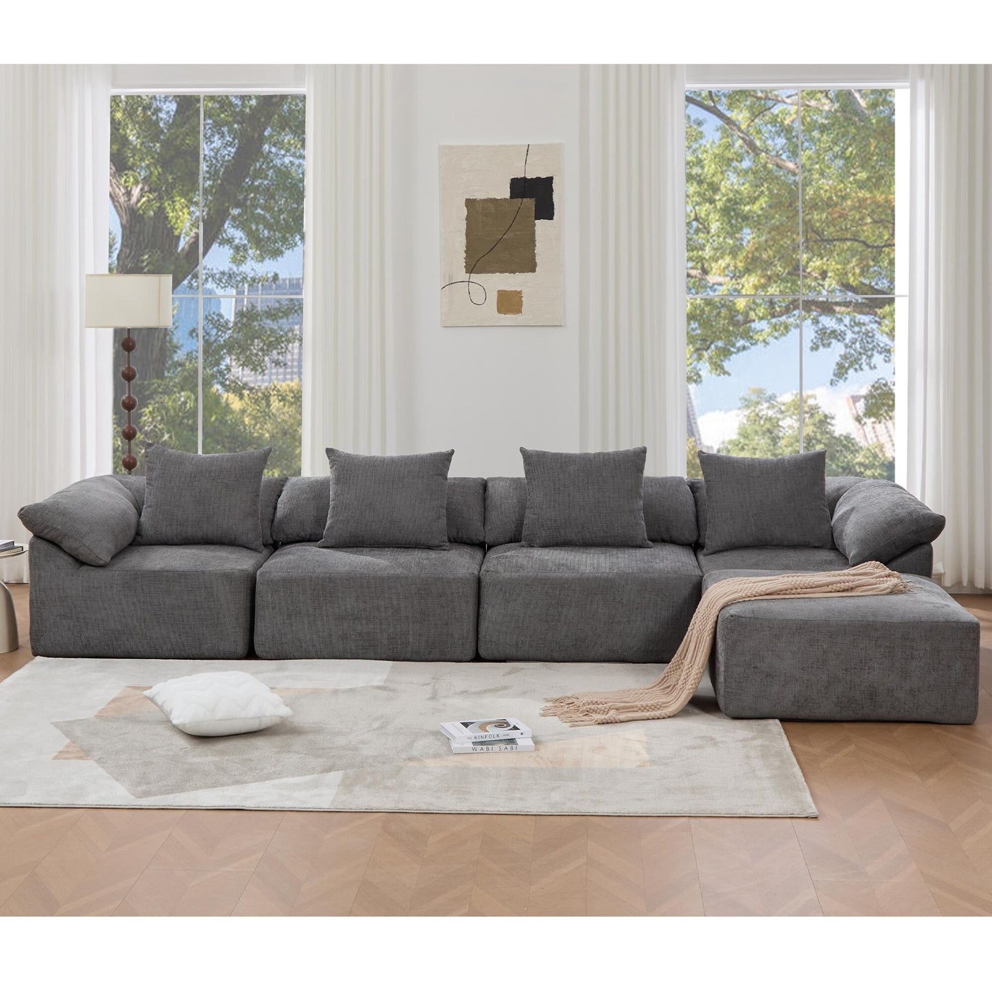 Canapé-lit convertible modulaire 5 pièces avec pouf et oreillers pour le salon