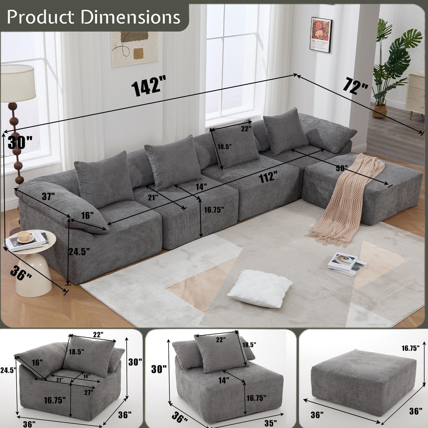 Canapé-lit convertible modulaire 5 pièces avec pouf et oreillers pour le salon