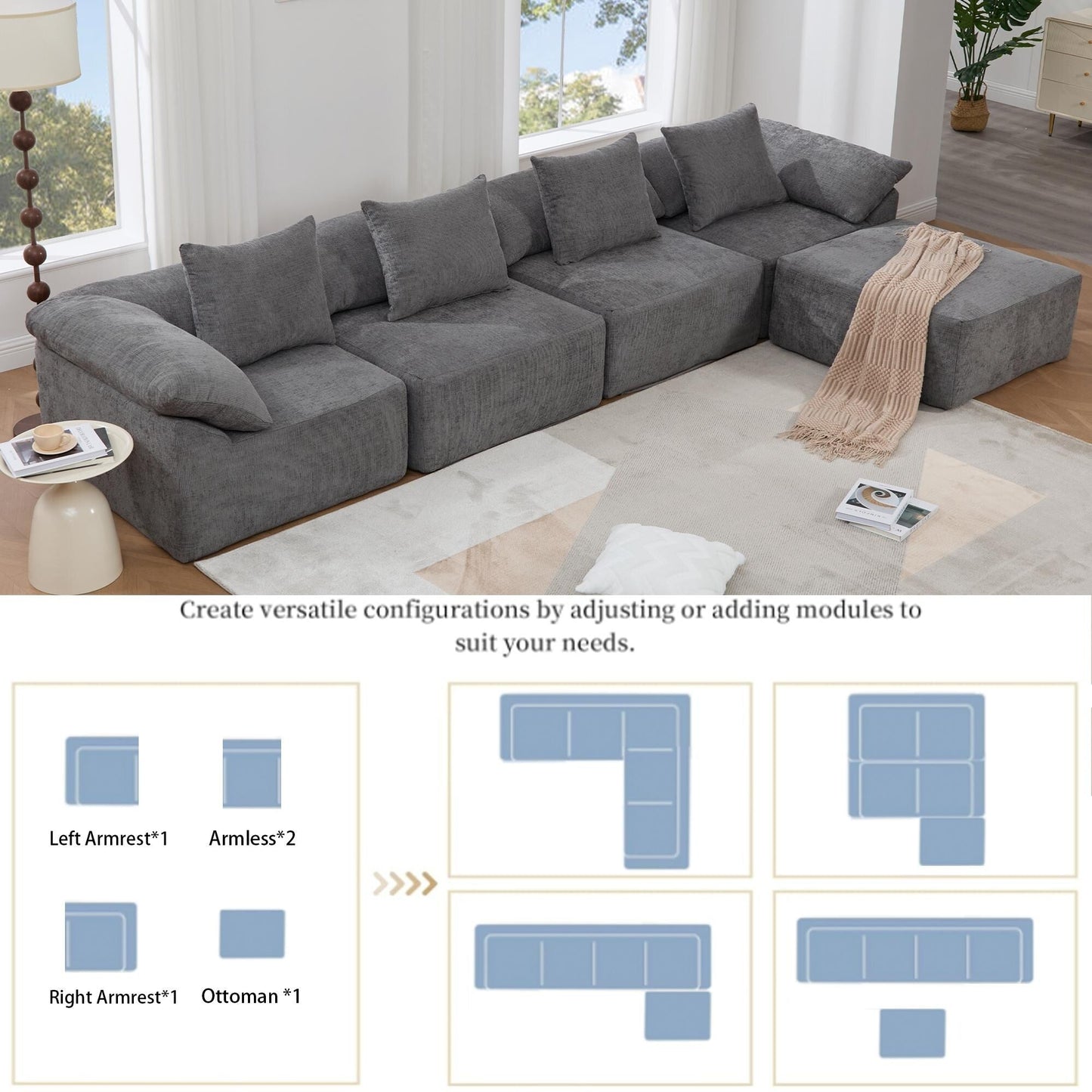 Canapé-lit convertible modulaire 5 pièces avec pouf et oreillers pour le salon