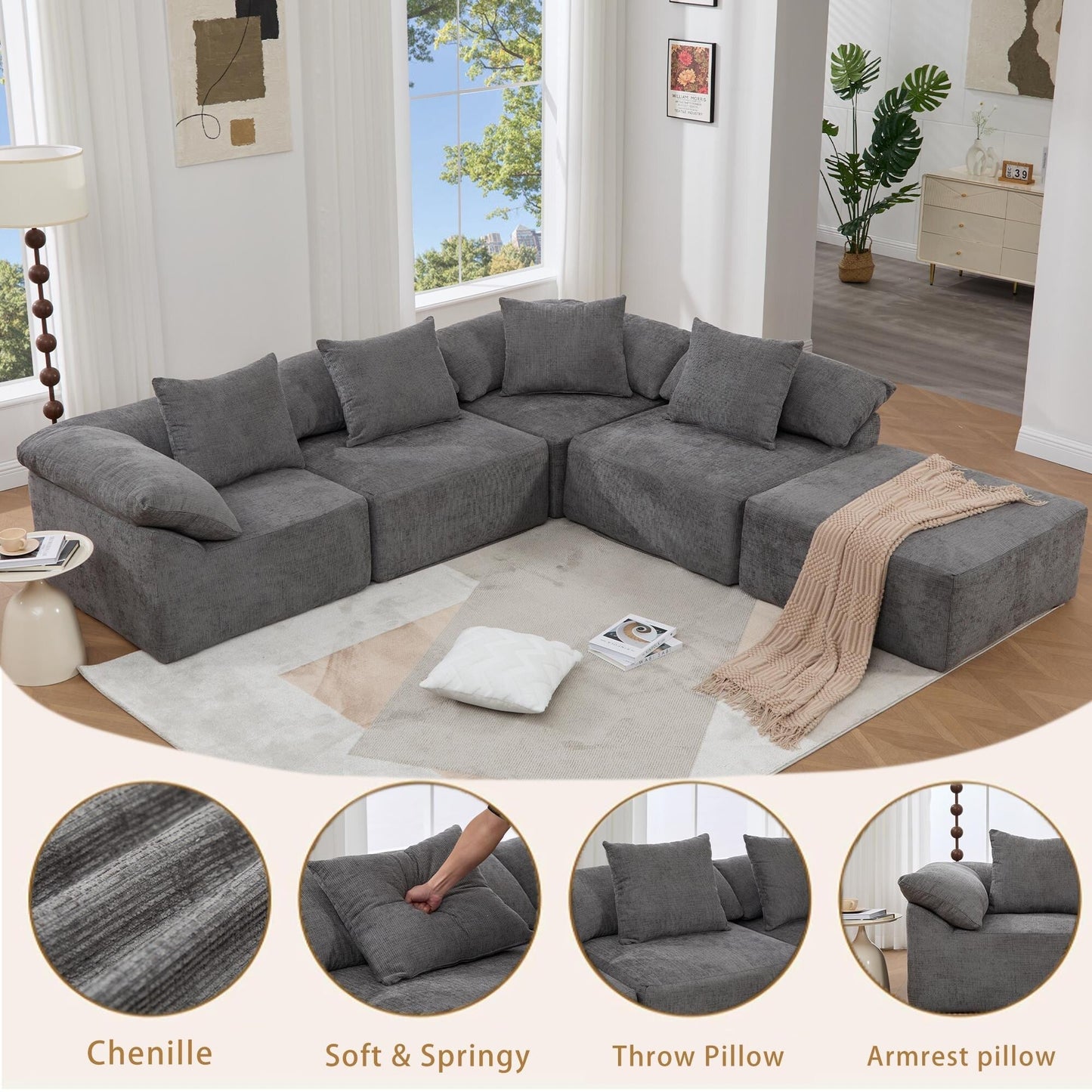 Canapé-lit convertible modulaire 5 pièces avec pouf et oreillers pour le salon