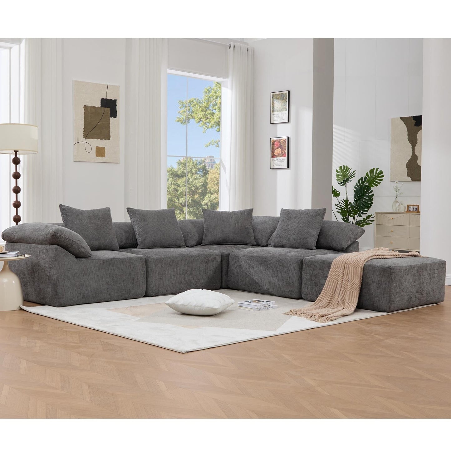 Canapé-lit convertible modulaire 5 pièces avec pouf et oreillers pour le salon