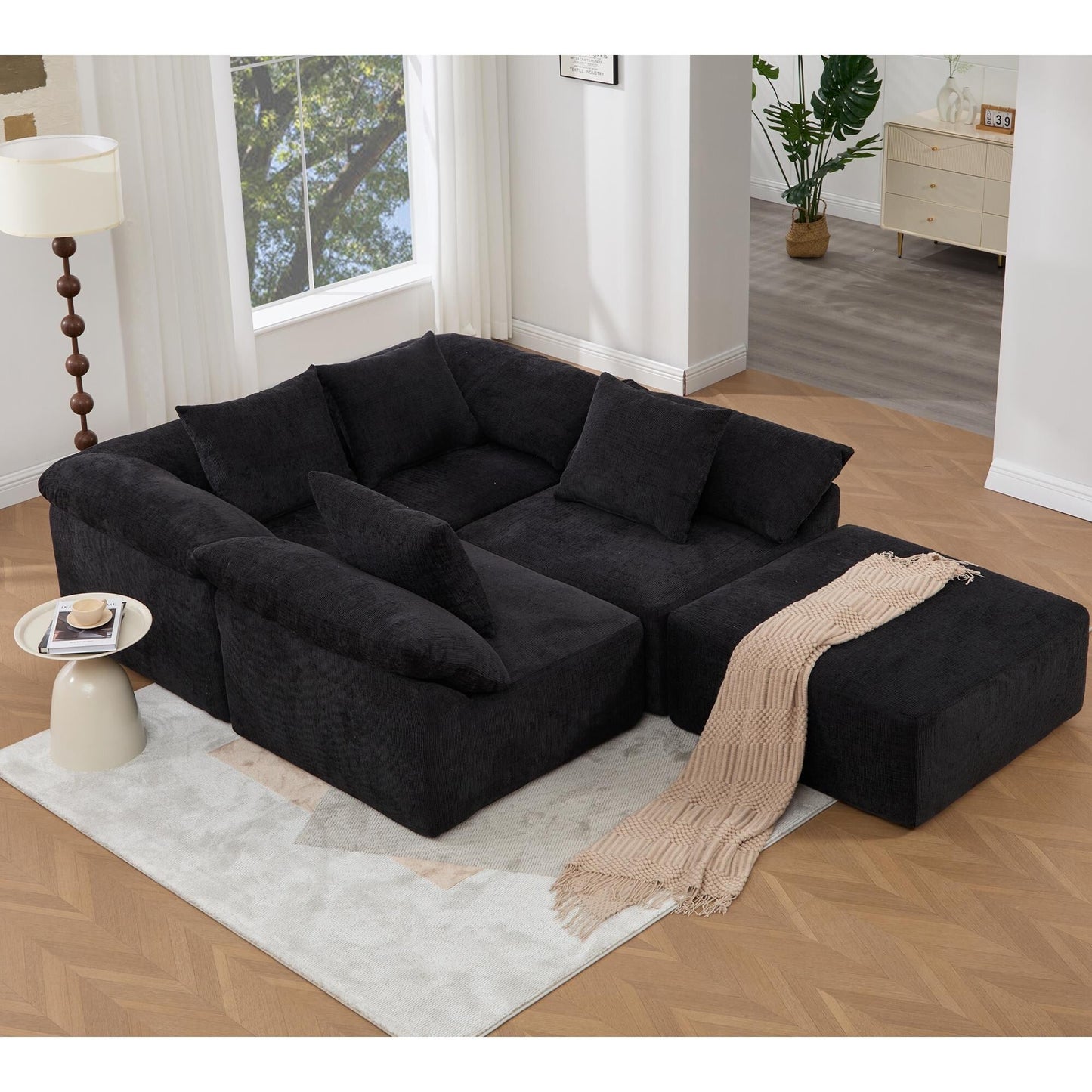 Canapé-lit convertible modulaire 5 pièces avec pouf et oreillers pour le salon