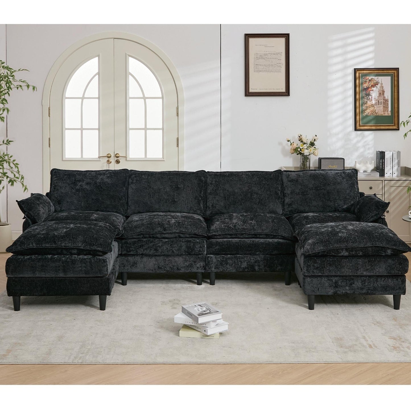 Canapé modulable en U 6 places avec pouf amovible et coussins d'accoudoirs pour salon ou appartement