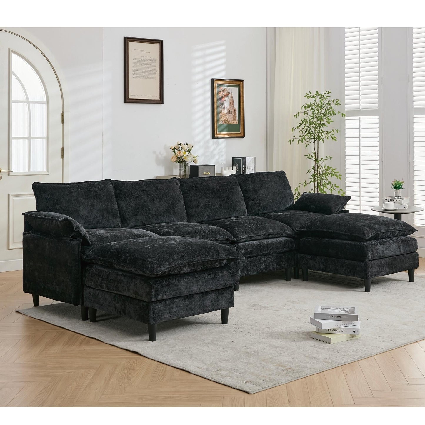 Canapé modulable en U 6 places avec pouf amovible et coussins d'accoudoirs pour salon ou appartement