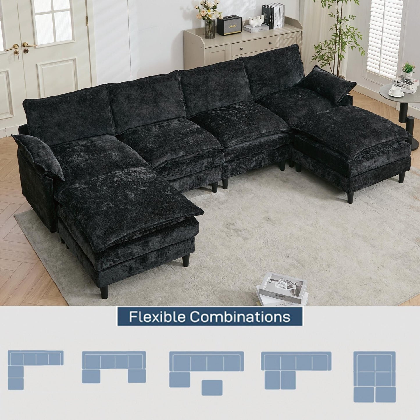 Canapé modulable en U 6 places avec pouf amovible et coussins d'accoudoirs pour salon ou appartement