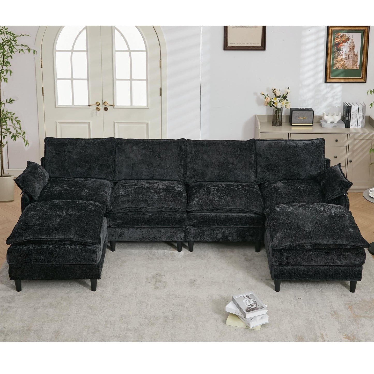 Canapé modulable en U 6 places avec pouf amovible et coussins d'accoudoirs pour salon ou appartement