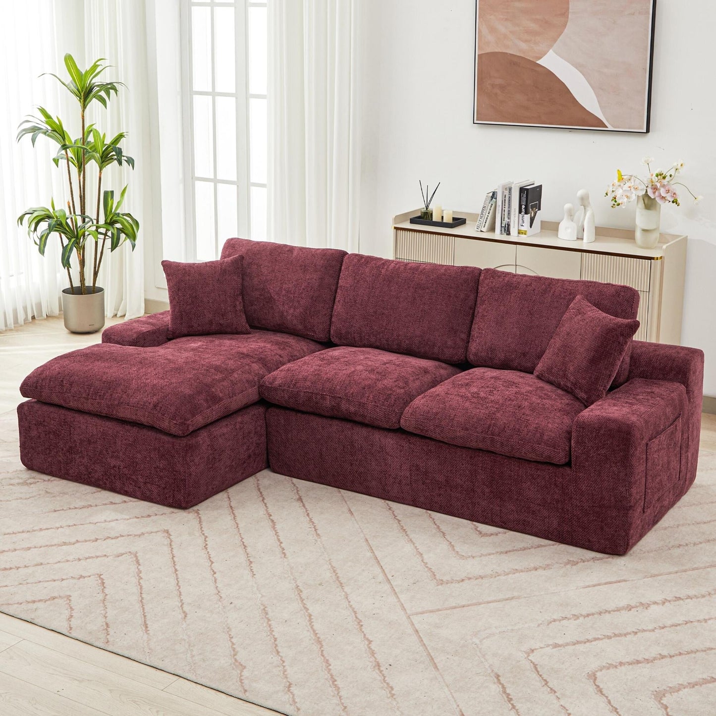 Canapé modulaire Cloud en chenille avec coussins double épaisseur, rangement latéral et oreillers assortis pour le salon
