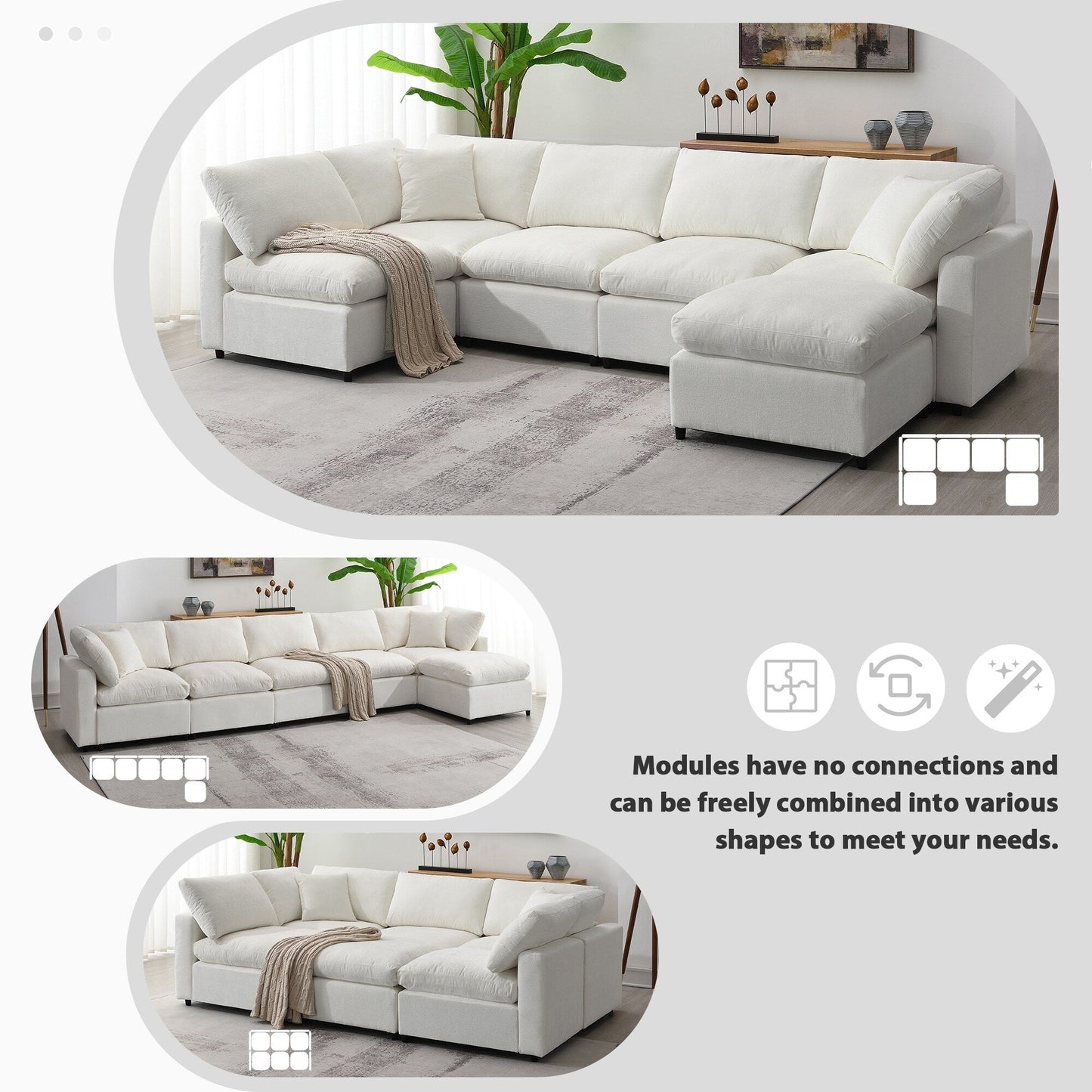 Canapé-lit modulaire Cloud, ensemble de canapés sectionnels en chenille avec pouf, combinaison libre, canapé-lit convertible en U
