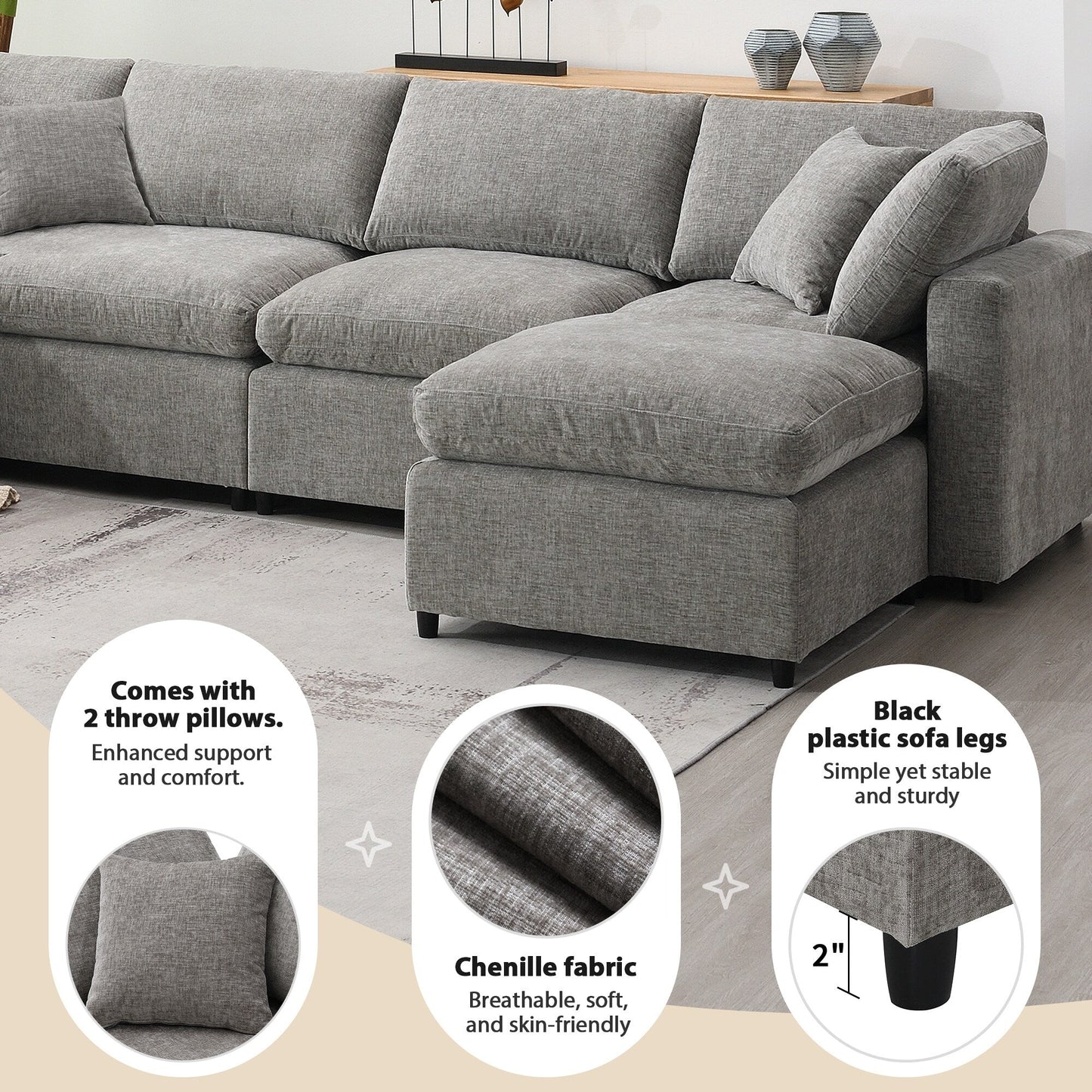 Canapé-lit modulaire Cloud, ensemble de canapés sectionnels en chenille avec pouf, combinaison libre, canapé-lit convertible en U
