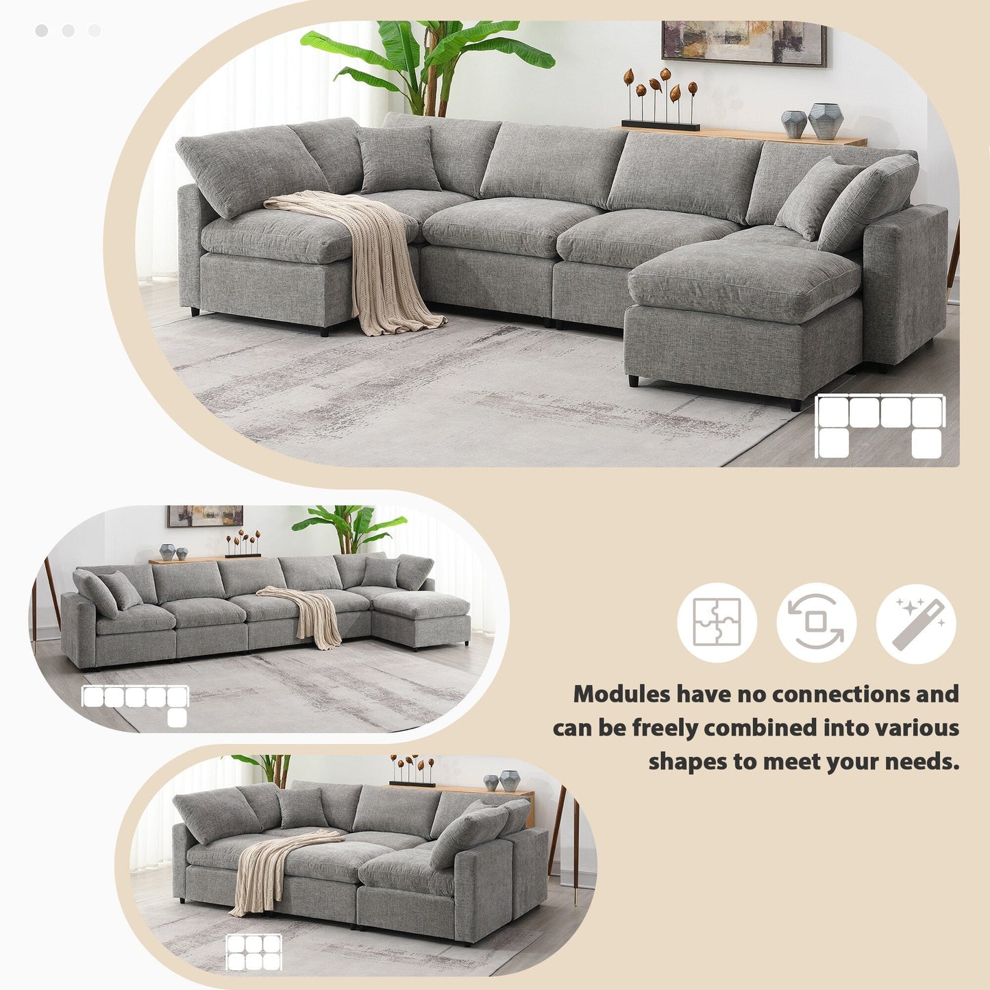 Canapé-lit modulaire Cloud, ensemble de canapés sectionnels en chenille avec pouf, combinaison libre, canapé-lit convertible en U