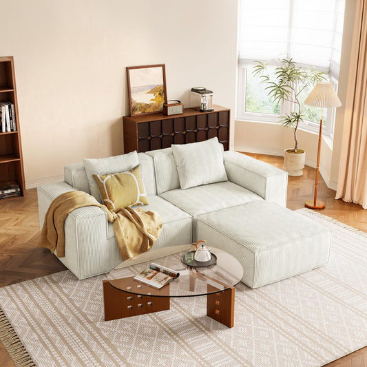 Canapé convertible modulable 2 places avec repose-pieds en velours blanc nuage