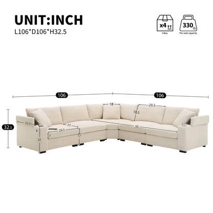 Canapé modulable en velours côtelé en forme de L avec rangement pour accoudoirs, ports USB et porte-gobelets pour salon d'appartement