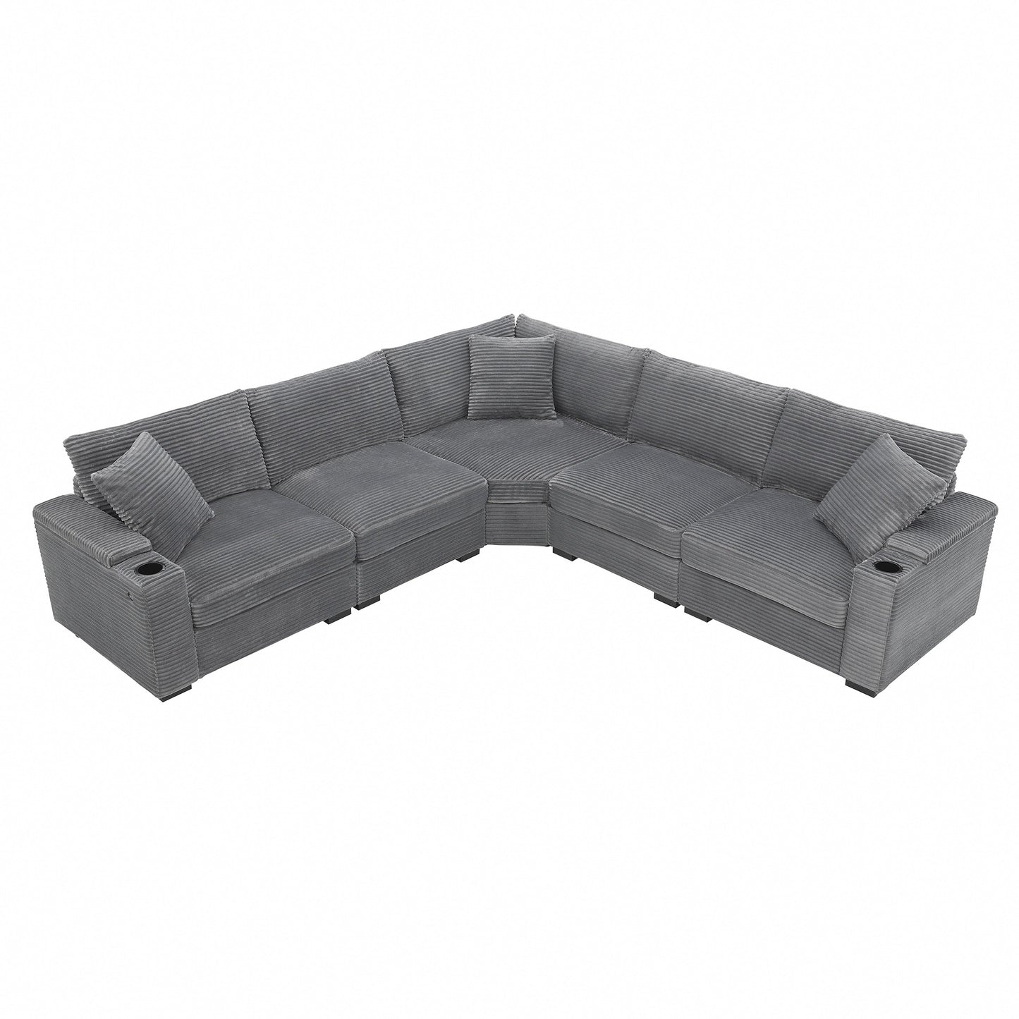 Canapé modulable en velours côtelé en forme de L avec rangement pour accoudoirs, ports USB et porte-gobelets pour salon d'appartement