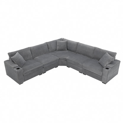 Canapé modulable en velours côtelé en forme de L avec rangement pour accoudoirs, ports USB et porte-gobelets pour salon d'appartement