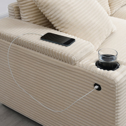 Canapé modulable en velours côtelé en forme de L avec rangement pour accoudoirs, ports USB et porte-gobelets pour salon d'appartement