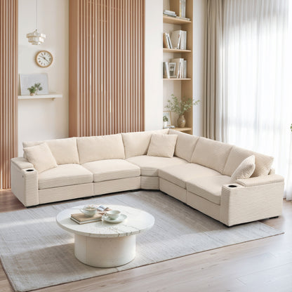 Canapé modulable en velours côtelé en forme de L avec rangement pour accoudoirs, ports USB et porte-gobelets pour salon d'appartement