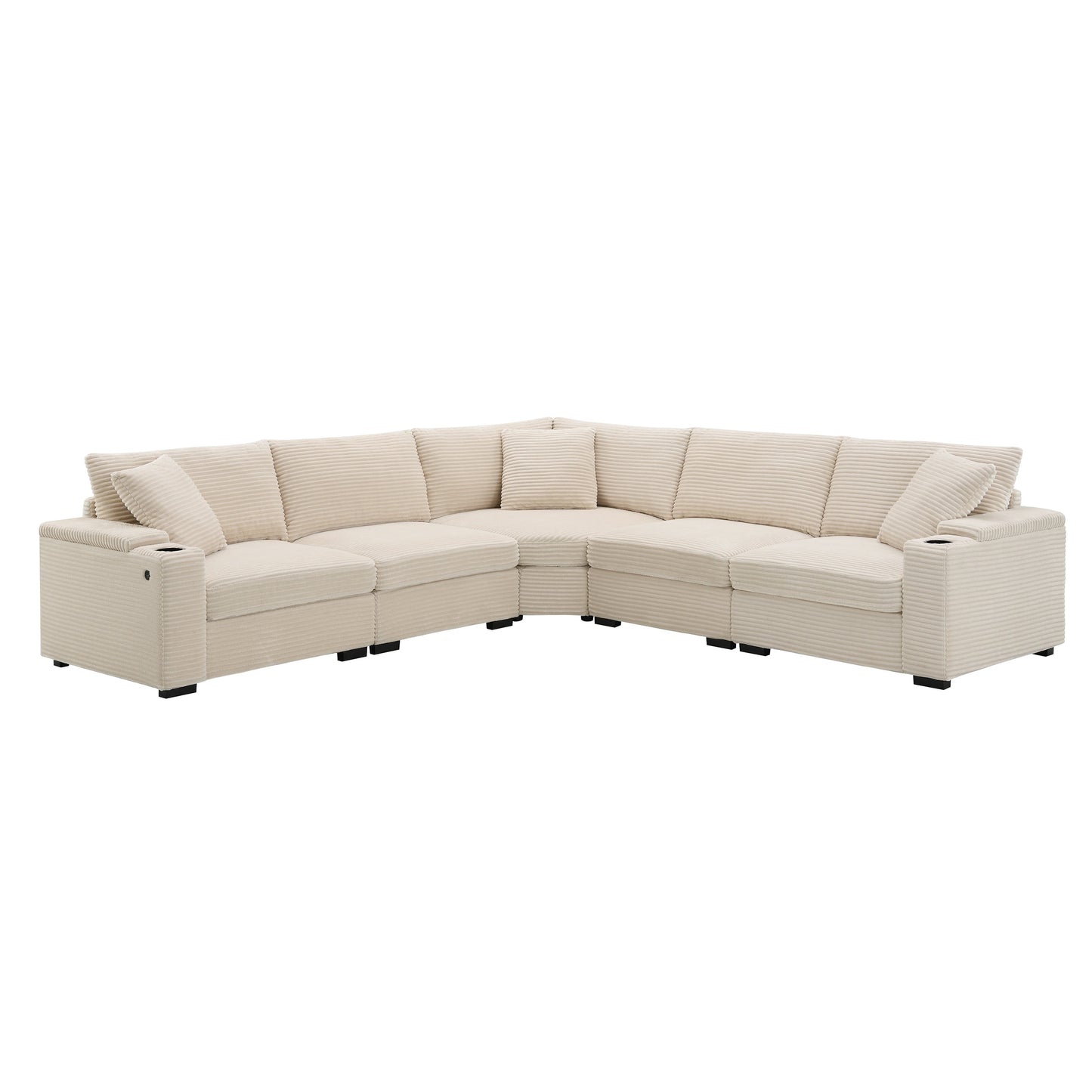 Canapé modulable en velours côtelé en forme de L avec rangement pour accoudoirs, ports USB et porte-gobelets pour salon d'appartement