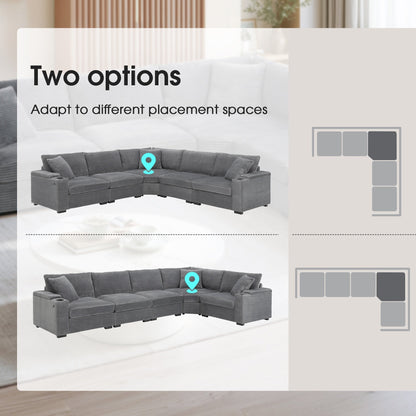 Canapé modulable en velours côtelé en forme de L avec rangement pour accoudoirs, ports USB et porte-gobelets pour salon d'appartement