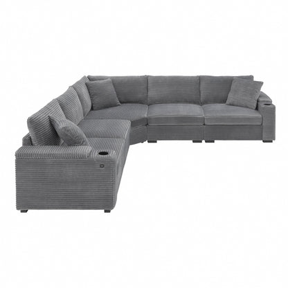 Canapé modulable en velours côtelé en forme de L avec rangement pour accoudoirs, ports USB et porte-gobelets pour salon d'appartement