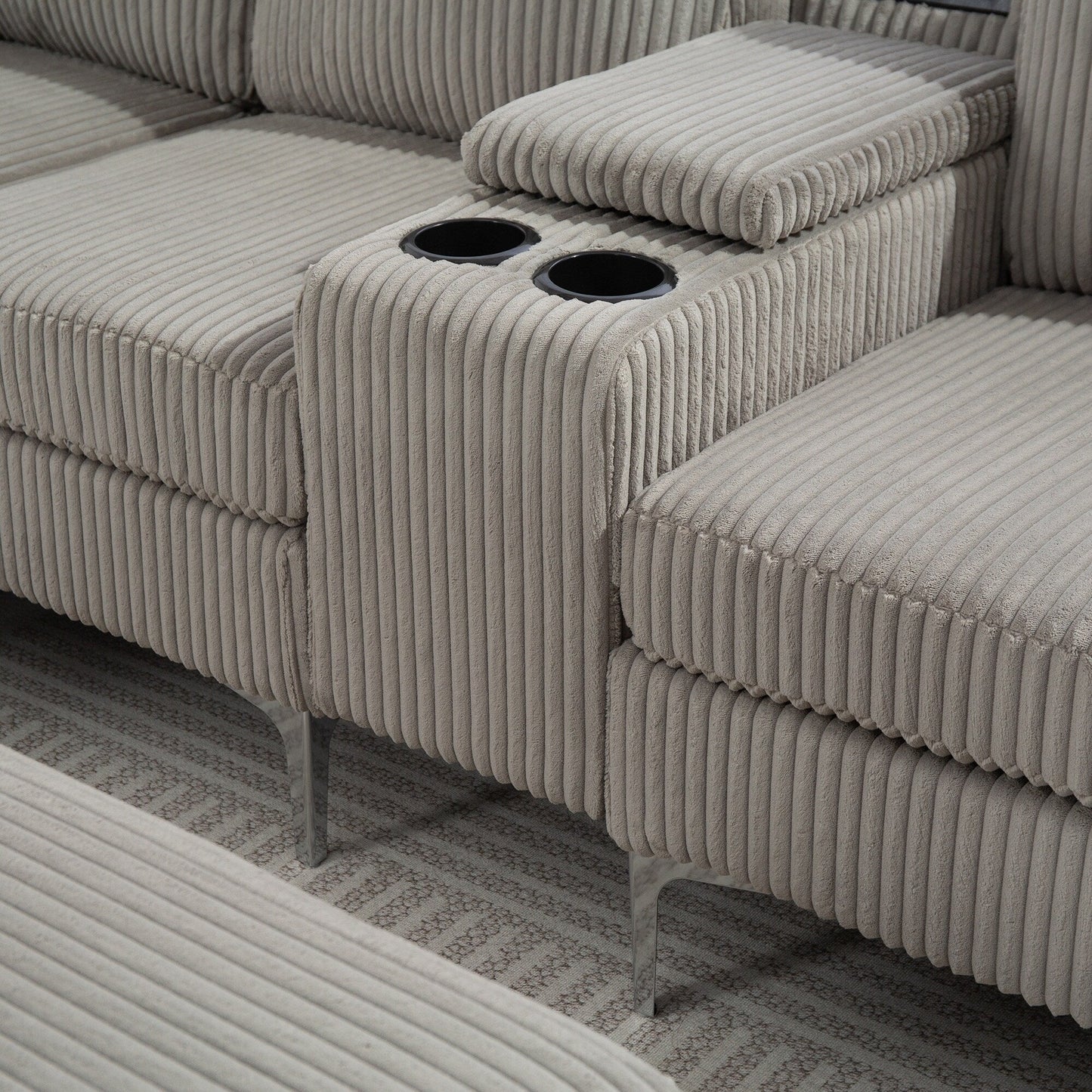Canapé modulable en velours côtelé, convertible 6 places, avec ports USB, poufs de rangement et porte-gobelet pour le salon